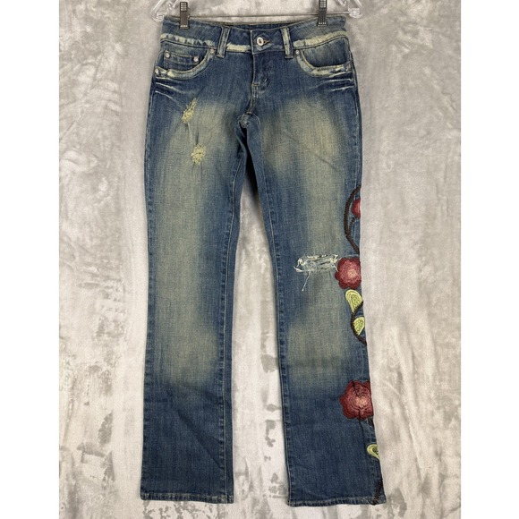 Guess Denim - Y2K GUESS Jeans Women's Embroidered Floral Distressed Bootcut Pants‎ Size 24